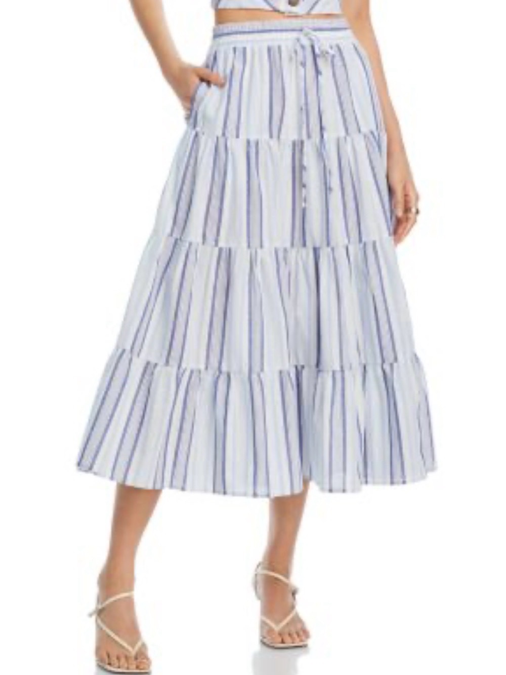 Aqua Blue and White Tiered Striped Midi Skirt